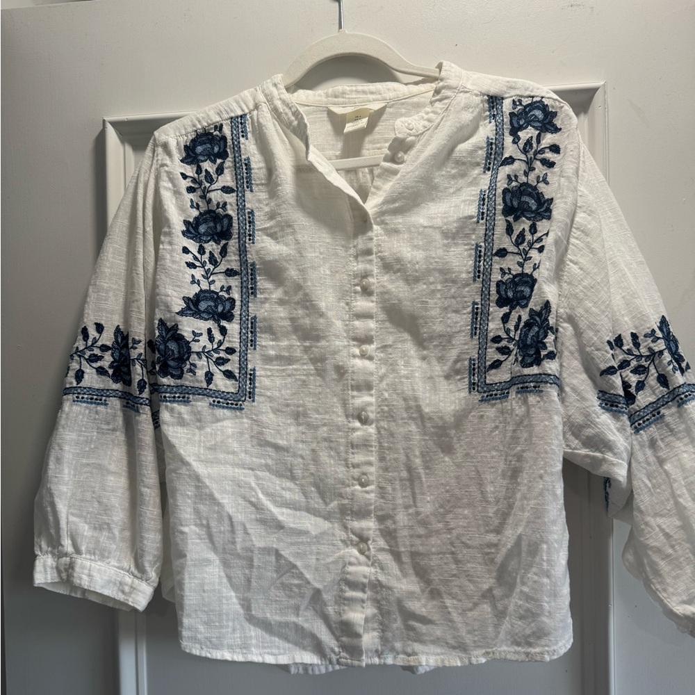 H&M Linen White Textured Blouse